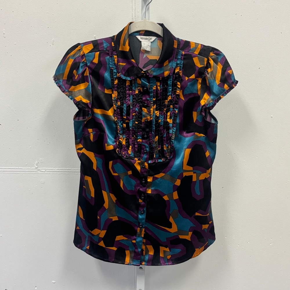 Y2K Kensie Girl Abstract Geometric Ruffle Bib Satin Blouse Multi-Color Size Med